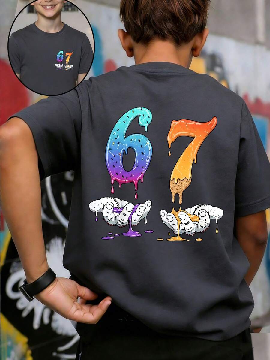 Tween Boy Fashionable Colorful Number 67 Graphic Print T-Shirt, Summer Top For Boys - Dark Grey - View 1