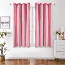 1pc Hollow Star Sheer Curtain, Polyester Lace Double Layer Curtain, Darkening Curtain For Living Room Bedroom, Cute Style - Coral Pink - View 27