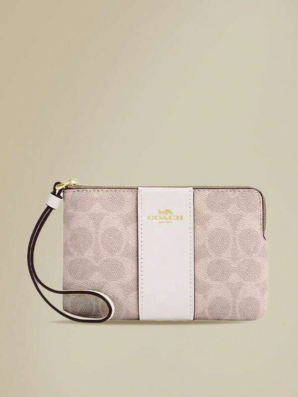 Coach Bolso de muñeca con cremallera en la esquina, muñequera compacta, billetera de teléfono de cuero genuino, mini bolso de mano de mujer, con correa de muñeca desmontable