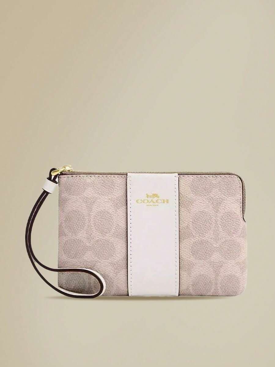 Coach 女士转角拉链腕包，小巧腕包，真皮手机钱包，女士迷你手提包，带可拆卸腕带 - 沙色 - 查看 1
