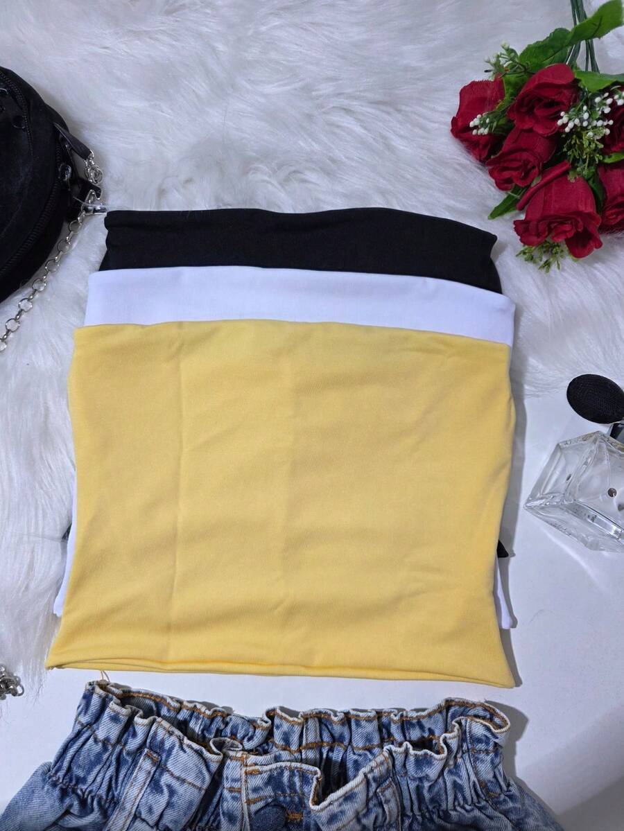 Kit Of 3 Women's Tube Tops: Cropped Tube Top, Strapless, Lined With Double Layer, Fitted Waist, Blogger Style. - 黑/白/黃 - 查看 1