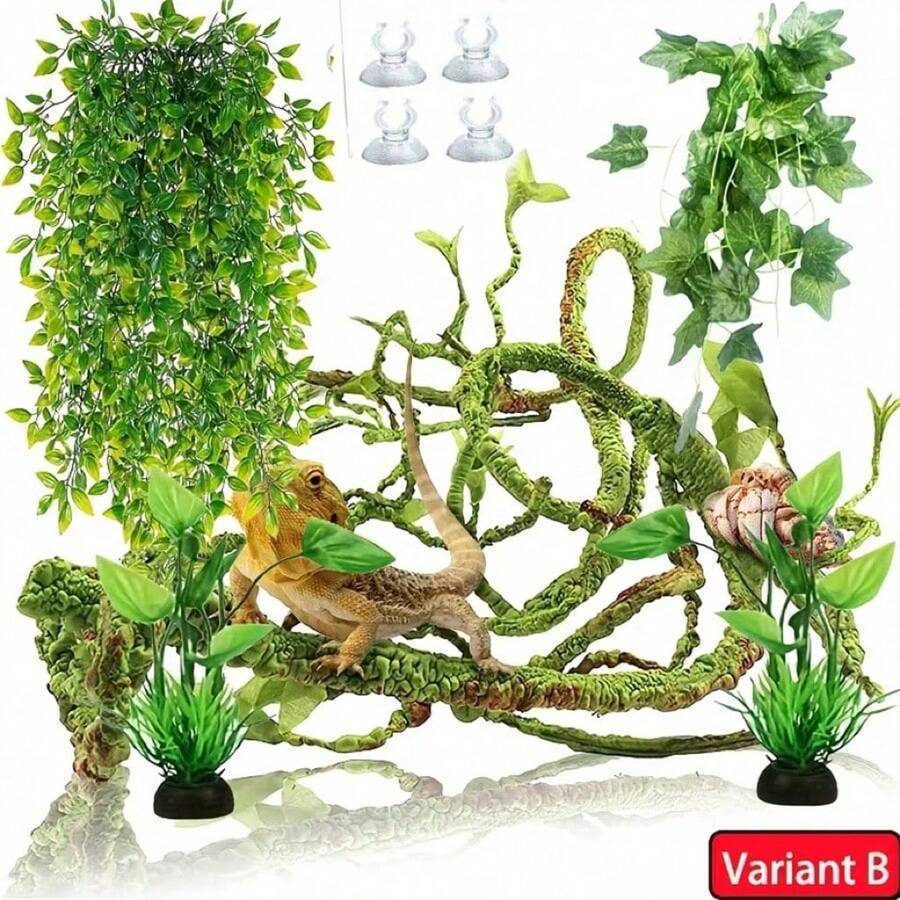 柔韧的丛林攀爬藤蔓，适用于爬行动物栖息地 - 逼真的塑料植物装饰，带挂环，适用于壁虎、蜥蜴、鬃狮蜥、寄居蟹和青蛙 - 可弯曲、高品质且外观自然的玻璃容器配件，美化两栖动物栖息地 | 绿色外观 | 逼真的绿叶 - 彩色 - 查看 1