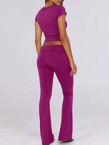 Lounge Sets For Women 2 Piece Foldover Yoga Flare Leggings Pants Crop Tops Casual Y2K Outfits Matching Tracksuit Set - 玫紅色 - 查看 2
