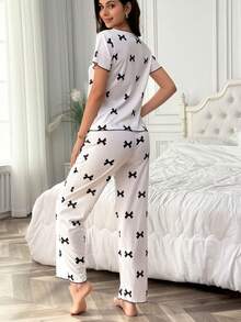 2pcs Women's Spring/Summer Butterfly Print V-Neck Pajama Set, Short Sleeve Top And Long Pants Sleepwear Set - White - View 2