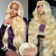 13*4 13x6HD 蕾丝闭合假发，直发，真人混纺发丝，34英寸 - 200%高密度，预先拔毛和修剪，无胶假发，漂白发结，佩戴即走，自然色，女士适用，无需胶水，即刻佩戴 - 613 - 查看 6