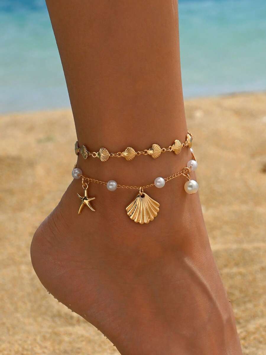 2pcs/Set Beach Vacation Ocean Style Metal Alloy Handmade Shell Chain Anklet, Faux Pearl Gold Shell Starfish Pendant Anklet Set, Fashionable Women Foot Jewelry Suitable For Daily Wear, Beach Party, Music Festival - Multicolor - View 1