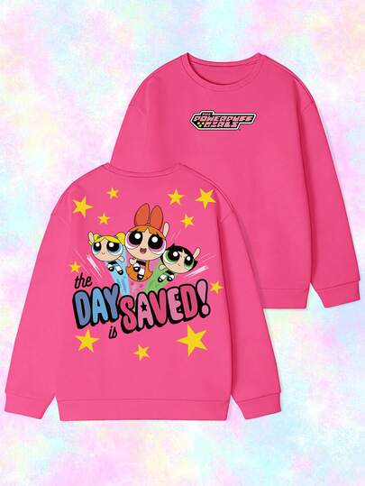 Whysmera SHEIN X Powerpuff Girls Women's Letter Print Loose Fit Crew Neck Sweatshirt, Fashionable And Comfortable Casual, Suitable For Autumn/Winter Daily Wear