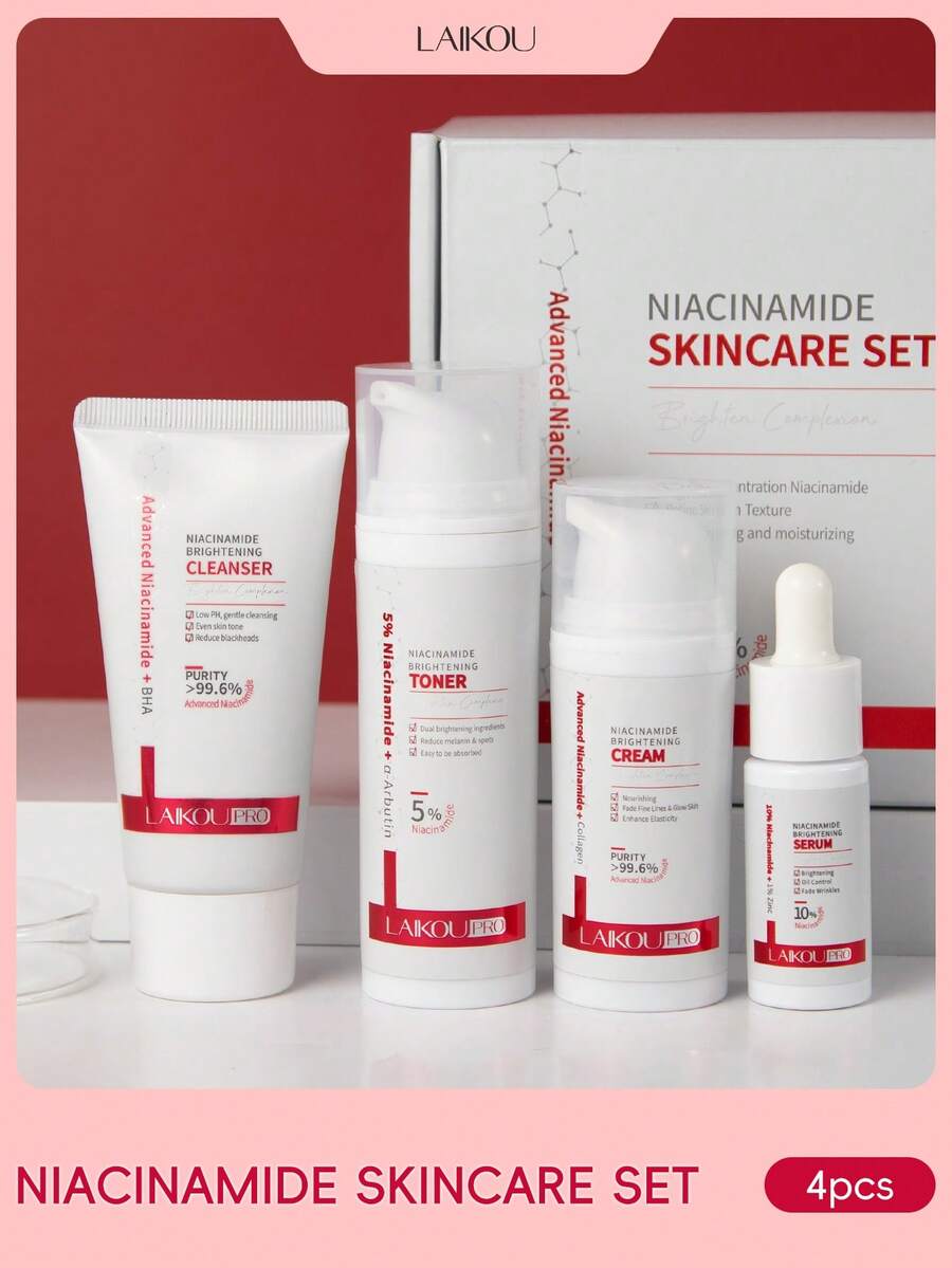 4件套 LAIKOU PRO 烟酰胺护肤套装，包含抗衰老精华液 17ml、亮肤霜 30g、保湿爽肤水 50ml 和控油洁面啫喱 50g，滋养修护护肤礼盒，适合女性、母亲、妻子、姐妹、青少年、女朋友等。