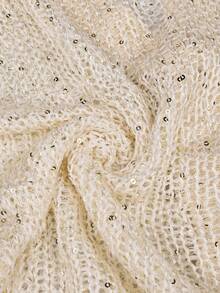 Yuwenier Sexy Deep V-Neck Hollow See-Through Sequin Crochet Cover Up Top, Button Front Batwing Sleeve Long Loose Coverup, Fashionable Casual Daily Wear For Women - Apricot - View 8