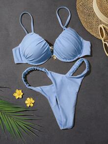 Sultry Sol Đồ bơi nữ, bikini nâng ngực, quần bơi cạp cao gợi cảm, họa tiết rùa biển màu vàng nhạt, trang phục đi biển mùa hè. - Màu xanh lam - Xem 7