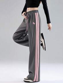 2026 Spring/Autumn Ash & Pink Straight-Leg Pants, New Graphic Print, American Retro Sweatpants For Women, High-Waisted Casual Loose Fit Flared Trousers - 1A55 Ash Mix - 1182 Powder - View 4