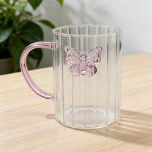 极简主义ins风浮雕蝴蝶把手玻璃杯，奢华条纹茶杯/咖啡杯 - 粉色 - 查看 1