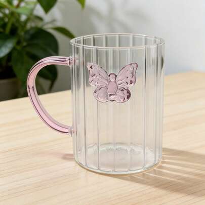 极简主义ins风浮雕蝴蝶把手玻璃杯，奢华条纹茶杯/咖啡杯