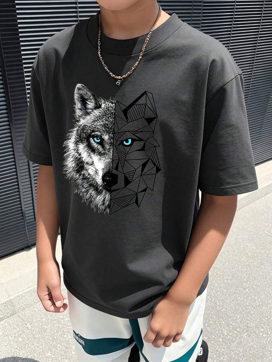 青少年男孩狼图案圆领休闲短袖T恤 - 灰色 - 查看 1