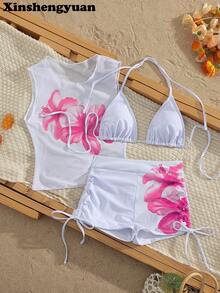 新盛源3件套欧美时尚新年/情人节泳装，可拆卸胸垫，可爱休闲露背吊带比基尼套装，芙蓉花印花，薄纱上衣，奢华性感优雅显瘦，适合海边沙滩派对，侧边抽绳褶皱三角裤，时尚泳装。夏季假期 - 彩色 - 查看 1