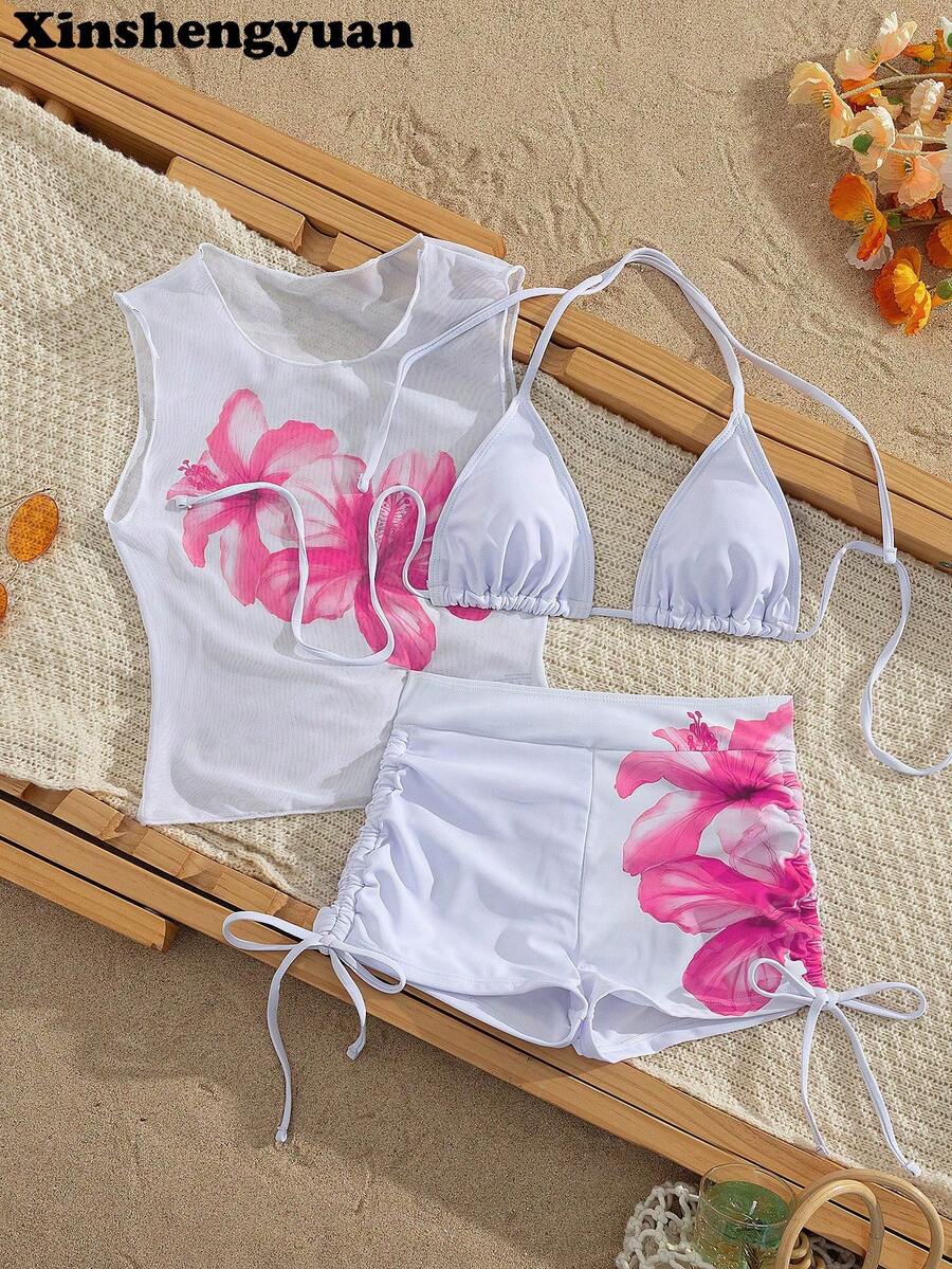 新盛源3件套欧美时尚新年/情人节泳装，可拆卸胸垫，可爱休闲露背吊带比基尼套装，芙蓉花印花，薄纱上衣，奢华性感优雅显瘦，适合海边沙滩派对，侧边抽绳褶皱三角裤，时尚泳装。夏季假期 - 彩色 - 查看 1