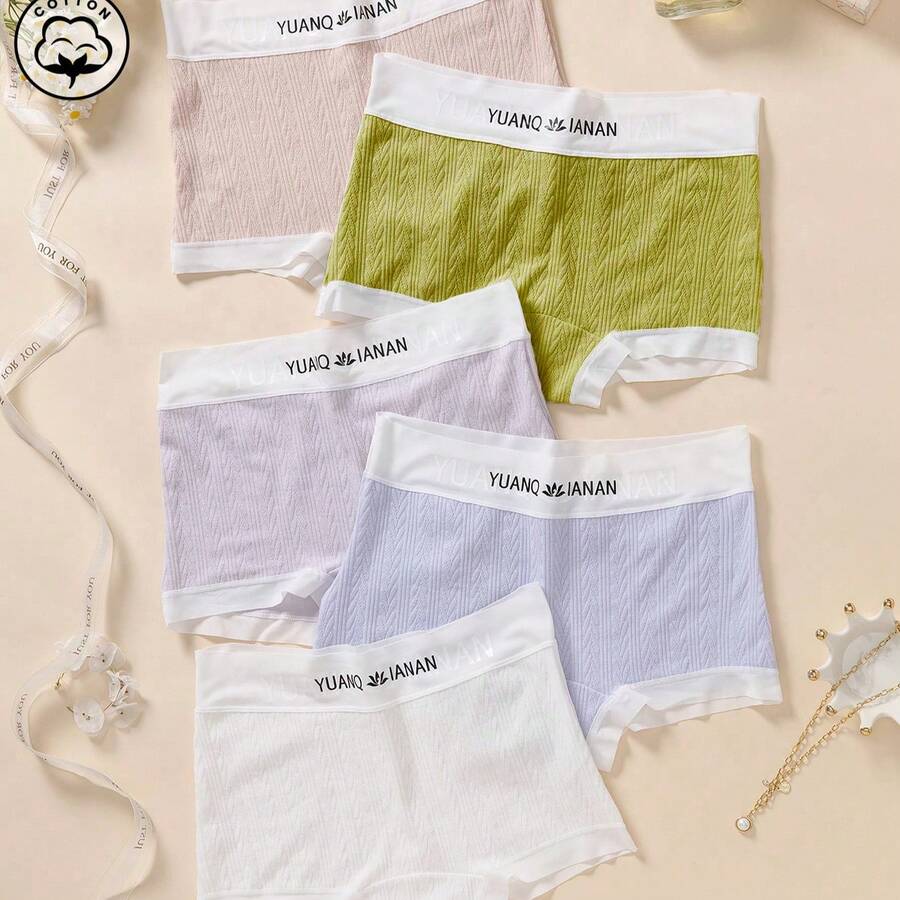 5 chiếc/gói Quần lót nữ bằng cotton thoải mái, viền ren và nơ - Nhiều màu - Xem 1
