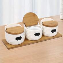 SHIOUCY Kitchen Spice Jar Set, Ceramic Spice Jars With Bamboo Lids And Sugar Spoons, Spice Container With Tray For Kitchen Restaurant Buffet Party - White+Brown - View 2