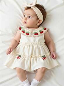 Baby Girls' Sleeveless Apricot Sweet Fashion Cute Cherry Embroidery Peter Pan Collar Princess Dress, Summer - Apricot - View 1