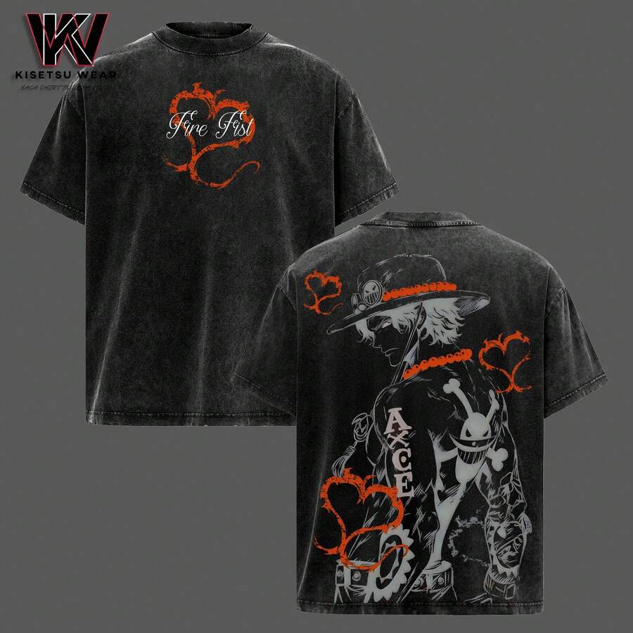 D. Ace Shirts - One Piece Anime Graphic Tee Oversized Acid Washed Soft Cotton Men T-Shirt Anime Streetwear Casual Clothes Men Gift For Anime Fans One Piece Merch - 黑色 - 查看 1