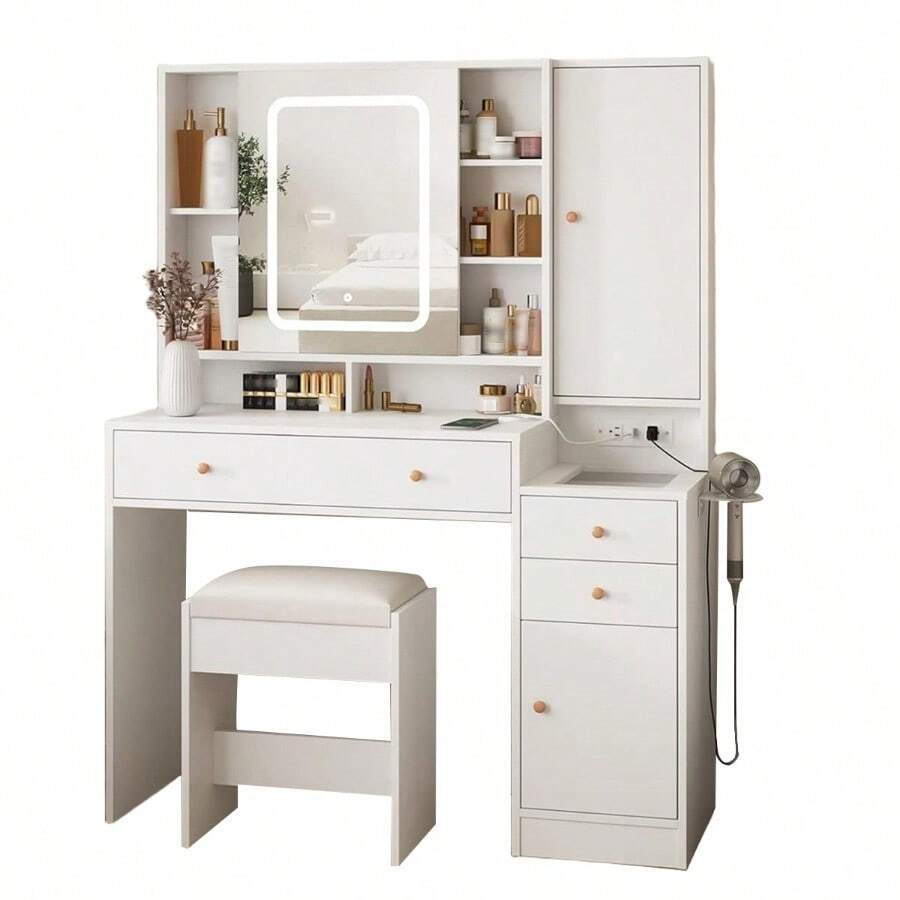 Tocador blanco con espejo y luz, mesa de maquillaje con 3 cajones - Blanco - Ver 1