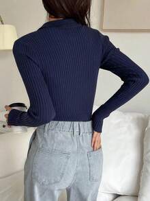 Regalo de San Valentín:Camiseta corta de mujer de con cuello polo ajustada, ropa de otoño y vuelta al colegio, tops de mujer de manga larga - Azul - Ver 3
