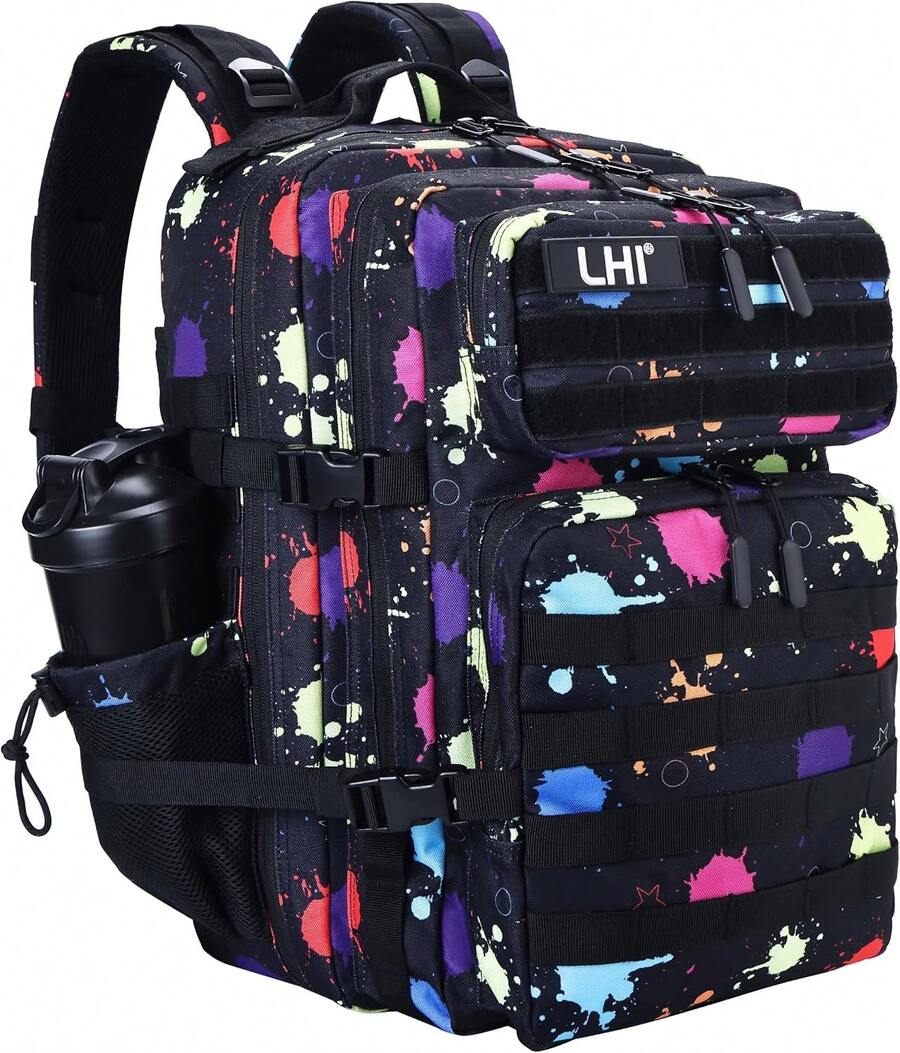 Sac à dos tactique militaire LHI 45 litres résistant à l'eau pour le trekking, la montagne, la chasse et les voyages - Idéal pour les hommes, les sports de plein et l'équipement militaire - Camouflage fluorescent - Voir 1