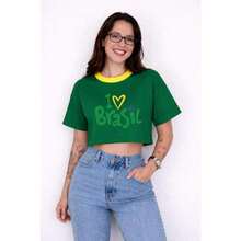 Cropped Brasil Feminino Estampa Verde Amarelo Azul Oversized Copa Look Torcida Moda Casual - Verde - Visão 2