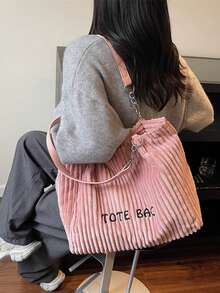 复古欧式时尚链条手提包，灯芯绒字母刺绣女士优雅单肩托特包 - 粉色 - 查看 7