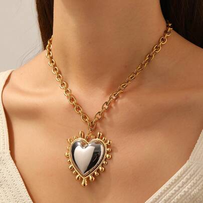 1件不锈钢金色超大爱心项链，粗链夸张嘻哈风格女士时尚饰品，适合日常佩戴及生日/情人节礼物