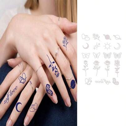 Herb-Based Tattoo Stickers, 1 Pc, And Romantic Design, Featuring Stars, Moons, Suns, Butterflies, Hearts. MatteFinish, Realistic And Long-Lasting. Not Permanent Or Temporary Tattoos. One-Time Use, For 5-12 Days. Bohemian Style Finger StickersSuitable For Women.