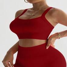 Conjunto deportivo de mujer talla grande 2 piezas: Leggings sin costuras de punto con estampado de mármol rojo y sujetador deportivo de espalda cruzada color burdeos, elástico, compresión, amigable con la piel, perfecto para entrenamiento y uso diario - Borgoña+Rojo - Ver 3