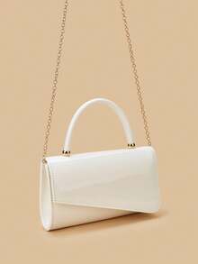 Women's Fashion Solid Color Patent Leather Clutch Bag, Decorated With Metal Accents, Flap Design, PU Material, Chain Shoulder Strap, Suitable For Formal/Party Occasions Like Gala, Ball Or Prom - White - View 4