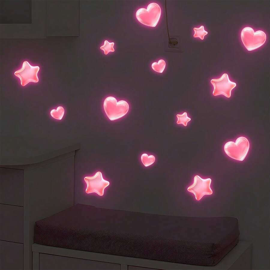 1pc Glow-In-The-Dark Pink Heart & Star Stickers, Luminous Celestial Wall Decals, Decoration For Children's Bedroom, Romantic Nursery - Multicolor - View 1