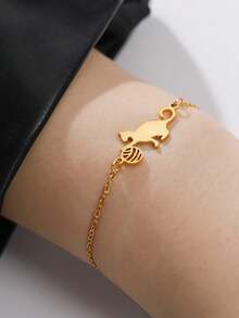 1 Pc Customizable Stainless Steel Cute Cartoon Animal Beaded Charm Cat Pendant Stainless Steel Simple And Unique Style Bracelet - Multicolor - View 2