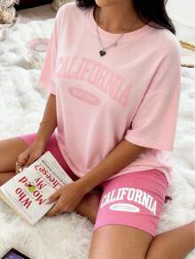 Casual Pajamas, California West Coast Letter Print T-Shirt, Comfortable Loose Women's Loungewear Set - Multicolor - View 3