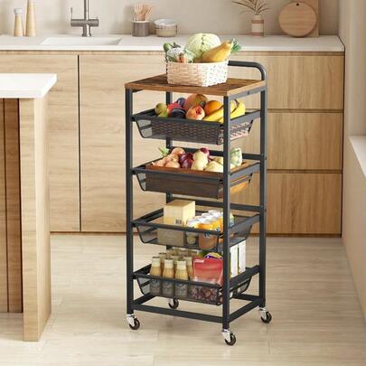 Carrito de Almacenamiento de 5 Niveles, Cestas Desmontables, Estante con Ruedas y Asa, 31.7 X 40 X 95 Cm, Marrón Rústico y Tinta Negra