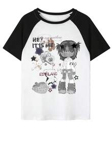 Y2K Grunge Rock Raglan Sleeve Anime Graphic T-Shirt, Women Loose Retro Graffiti Print Casual Street Wear Short Sleeve Top - White - View 5