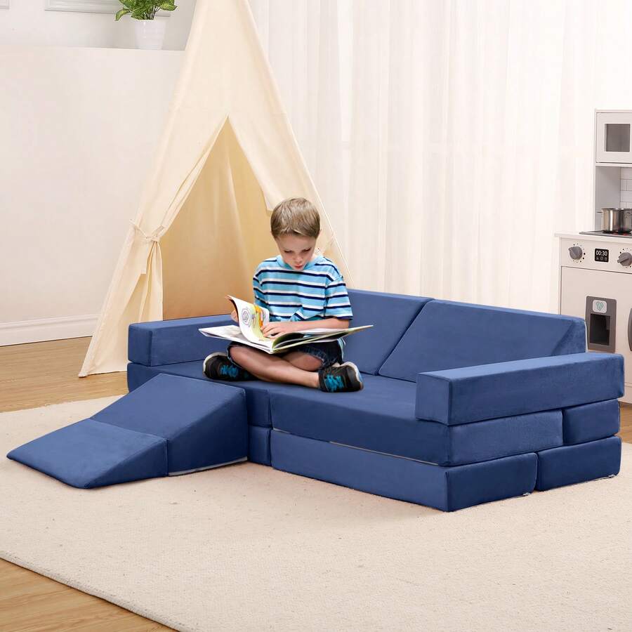 Sofá Infantil Modular de 12 Piezas con Piscina de Pelotas, Convertible para Niños y Niñas Creativos, Sofá de Juego Ideal para Sala de Juegos - Azul Marino - Ver 1