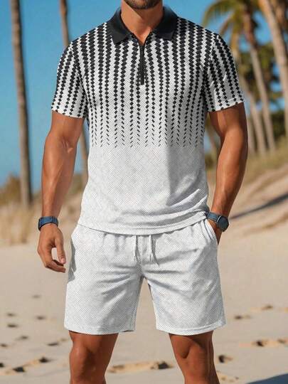 1 Conjunto de ropa deportiva y casual para hombre, camisa tipo polo con estampado de rayas y empalmes de jacquard con cuello de media cremallera y pantalones cortos hasta la rodilla, traje de 2 piezas para vacaciones de verano