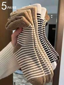 5 Pairs Men's Spring/Summer Striped Terry Cushion Mid-Calf Socks, Non-Slip Breathable House/Floor Socks - Multicolor - View 7
