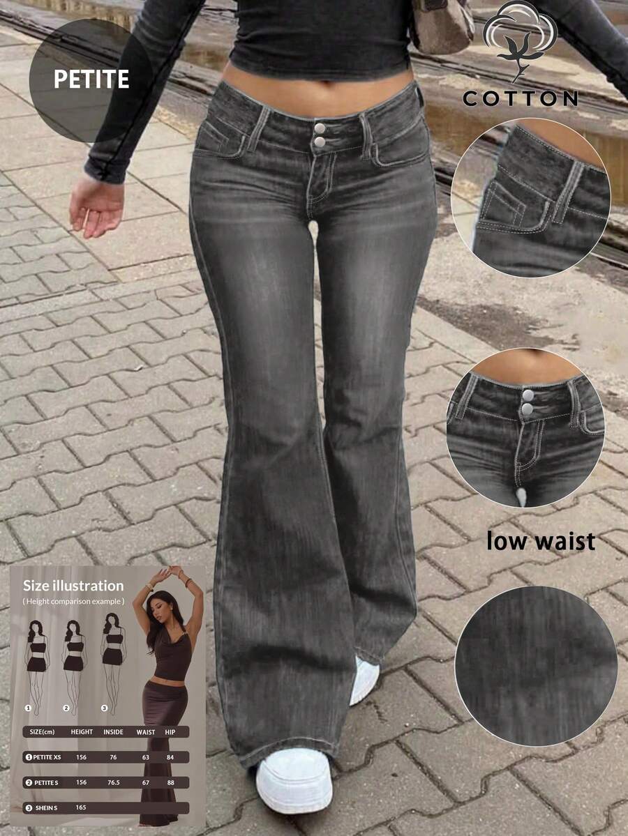 Fashionable Grey Washed Denim Skinny Petite Stretch Flare Pants, Comfortable & Versatile - Dark Grey - View 1
