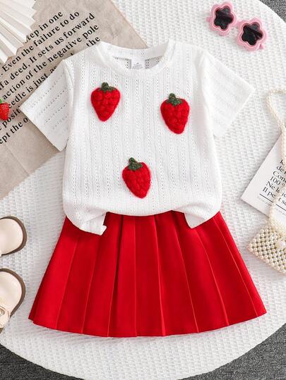 2pcs/Set Girls Cute Strawberry Hollow Short Sleeve T-Shirt + High Waist Pleated Skirt Outfit, Suitable For 4-8 Years Old Children, Outdoor, Casual, Party, Holiday Gift, Birthday Gift
