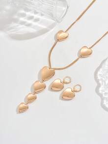 2pcs/Set Fashionable Metallic Geometric Heart Shaped Hammered Texture Graduated Size Exaggerated Extra Long Pendant Necklace & Earrings Set, Personalized Jewelry Set, Snake Bone Chain Y-Necklace, Pendant Necklace, Holiday Party Jewelry Set, Formal Dress Accessory Set, Valentine's Day Jewelry Set - Yellow Gold - View 6