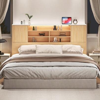 Estante para Cabecero de Cama, Librero de Madera para Cabecero con Luces LED, Enchufe US, 3 Niveles de Estantes Abiertos, Tablero para Cabecero con 2 Gabinetes de Puerta, Organizador de Estante para Cabecero para Dormitorio y Hogar