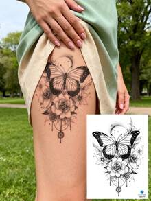 STARTTOOS Black Floral Arm Sleeve Temporary Tattoo - Y2K Girl Rose Peony Butterfly Tiger Head Pattern, Suitable For Arms, Thighs, Chest, Waist, Back, Shoulders, Neck, Collarbones, Waterproof & Realistic, DIY For Carnival, Valentine's Day, Party Gifts - Black - View 12