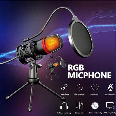 Micrófono de condensador RGB, micrófono con cable USB con cancelación de ruido de escritorio para juegos, transmisión en vivo, grabación, estudio de video, adecuado para computadora portátil y de escritorio, con soporte