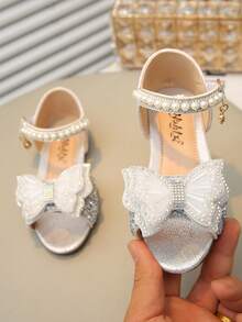 Cute Bow Pearl Rhinestone Flat Sandals For Little Girls Princess Shoes - Silver - View 1