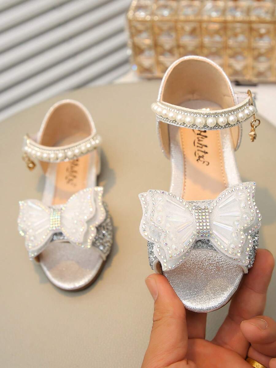 Cute Bow Pearl Rhinestone Flat Sandals For Little Girls Princess Shoes - Silver - View 1