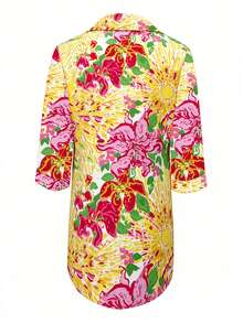 Women's Single Breasted Tropical Print Beach Cover Up Vacation Summer - Yellow - View 4